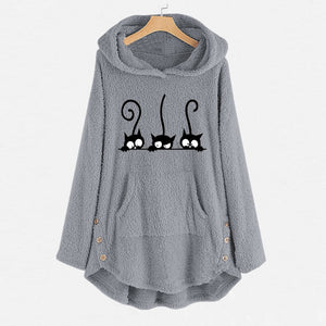 Oversize Hoodie Womens Fleece Teddy Hoodies Cat Print Warm Hooded Pullover Top Sweatshirts Jumper Women Hoodie Sweatshirts 2022