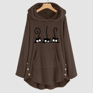 Oversize Hoodie Womens Fleece Teddy Hoodies Cat Print Warm Hooded Pullover Top Sweatshirts Jumper Women Hoodie Sweatshirts 2022