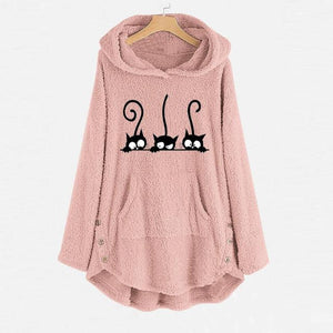 Oversize Hoodie Womens Fleece Teddy Hoodies Cat Print Warm Hooded Pullover Top Sweatshirts Jumper Women Hoodie Sweatshirts 2022