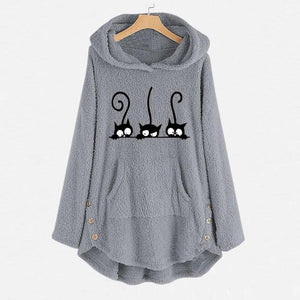 Oversize Hoodie Womens Fleece Teddy Hoodies Cat Print Warm Hooded Pullover Top Sweatshirts Jumper Women Hoodie Sweatshirts 2022