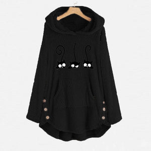 Oversize Hoodie Womens Fleece Teddy Hoodies Cat Print Warm Hooded Pullover Top Sweatshirts Jumper Women Hoodie Sweatshirts 2022
