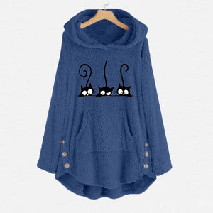 Oversize Hoodie Womens Fleece Teddy Hoodies Cat Print Warm Hooded Pullover Top Sweatshirts Jumper Women Hoodie Sweatshirts 2022