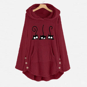 Oversize Hoodie Womens Fleece Teddy Hoodies Cat Print Warm Hooded Pullover Top Sweatshirts Jumper Women Hoodie Sweatshirts 2022