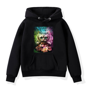 Cheshire Cat Hoodie Men Women Cool Printed Hoodie Sweatshirts Teens Cotton Casual Hoodies Tops Hip Hop Streetwear Black Pullover