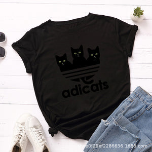 Cartoon Tees Black Cat T-shirt Women Harajuku Large Size Short Sleeves Tshirt Casual Summer Oversized Animal Print Basic T Shirt