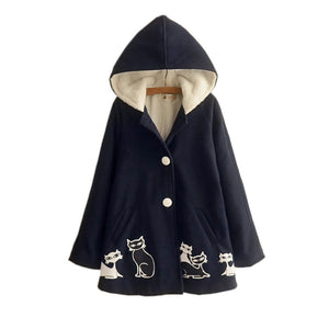 Japan girl Winter jacket cape cloak elegant cat plush velvet  padded cloak coat junior school student thick hooded poncho coat