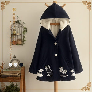 Japan girl Winter jacket cape cloak elegant cat plush velvet  padded cloak coat junior school student thick hooded poncho coat