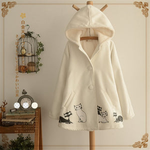 Japan girl Winter jacket cape cloak elegant cat plush velvet  padded cloak coat junior school student thick hooded poncho coat