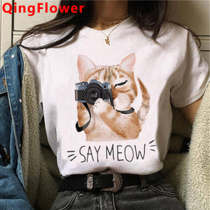 Cat Harajuku Funny Cartoon T Shirt Women Cute Anime Ullzang T-shirt Grunge Kawaii 90s Fashion Tshirt Korean Style Top Tee Female
