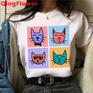 Cat Harajuku Funny Cartoon T Shirt Women Cute Anime Ullzang T-shirt Grunge Kawaii 90s Fashion Tshirt Korean Style Top Tee Female