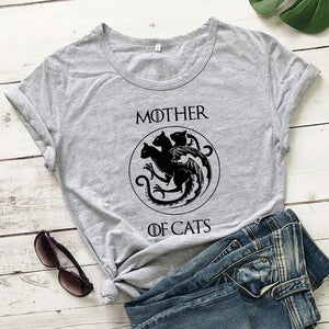 100%Cotton Mother Of Cats T-shirt Funny Cat Lover Gift Tshirt Women Crewneck Graphic Cat Mom Tees Tops Mother&#39;s Day Gift Shirt