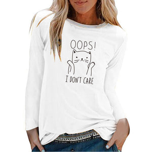 Oops I Don&#39;t Care Cat Print Long Sleeve Top Women Autumn Winter Woman Tshirts Fashion Graphic Tee Casual White Crew Neck Shirt