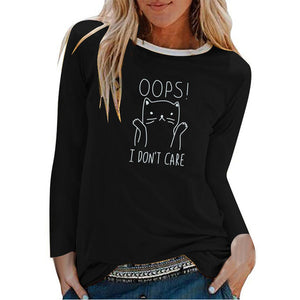 Oops I Don&#39;t Care Cat Print Long Sleeve Top Women Autumn Winter Woman Tshirts Fashion Graphic Tee Casual White Crew Neck Shirt