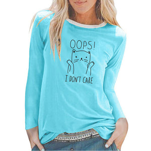 Oops I Don&#39;t Care Cat Print Long Sleeve Top Women Autumn Winter Woman Tshirts Fashion Graphic Tee Casual White Crew Neck Shirt