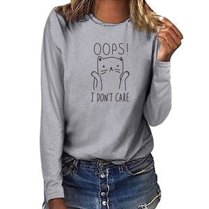 Oops I Don&#39;t Care Cat Print Long Sleeve Top Women Autumn Winter Woman Tshirts Fashion Graphic Tee Casual White Crew Neck Shirt