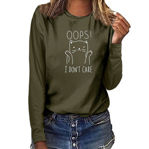 Oops I Don&#39;t Care Cat Print Long Sleeve Top Women Autumn Winter Woman Tshirts Fashion Graphic Tee Casual White Crew Neck Shirt