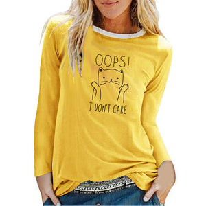 Oops I Don&#39;t Care Cat Print Long Sleeve Top Women Autumn Winter Woman Tshirts Fashion Graphic Tee Casual White Crew Neck Shirt