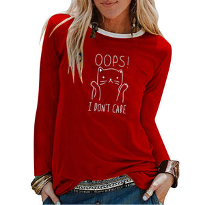 Oops I Don&#39;t Care Cat Print Long Sleeve Top Women Autumn Winter Woman Tshirts Fashion Graphic Tee Casual White Crew Neck Shirt