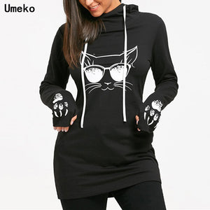 Umeko 2021 Autumn Fashion Women&#39;s Cotton O-neck Long Sleeve Casual Style Sweatshirts Cartoon Cat Print Drawstring Tunic Hoodie
