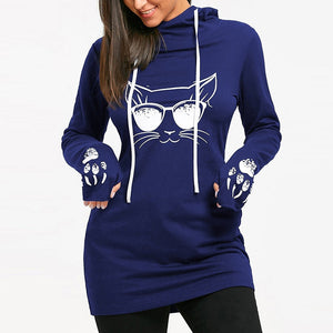 Umeko 2021 Autumn Fashion Women&#39;s Cotton O-neck Long Sleeve Casual Style Sweatshirts Cartoon Cat Print Drawstring Tunic Hoodie