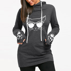 Umeko 2021 Autumn Fashion Women&#39;s Cotton O-neck Long Sleeve Casual Style Sweatshirts Cartoon Cat Print Drawstring Tunic Hoodie