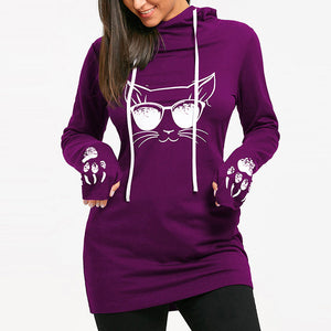 Umeko 2021 Autumn Fashion Women&#39;s Cotton O-neck Long Sleeve Casual Style Sweatshirts Cartoon Cat Print Drawstring Tunic Hoodie