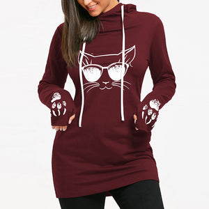 Umeko 2021 Autumn Fashion Women&#39;s Cotton O-neck Long Sleeve Casual Style Sweatshirts Cartoon Cat Print Drawstring Tunic Hoodie