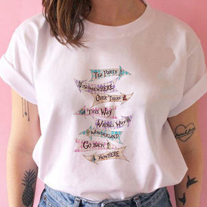WE&#39;RE ALL MAD HERE Letter Cheshire Cat Print T-shirt Women Harajuku Alice in Wonderland Cartoon Tshirt Fashion Female T Shirt
