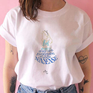 WE&#39;RE ALL MAD HERE Letter Cheshire Cat Print T-shirt Women Harajuku Alice in Wonderland Cartoon Tshirt Fashion Female T Shirt