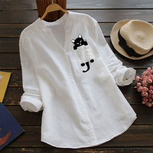 Women Cat Shirt Linen Blouse Long Sleeve Kawaii Blouses Tops Laple Pocket Down collared shirts Spring Woman Clothes