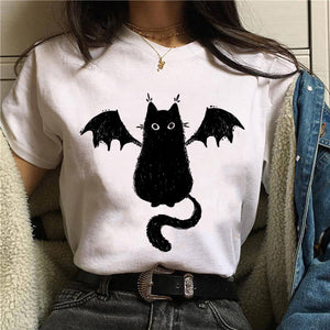 Women T-shirt Cartoon Cat Mushroom Halloween Print T-shirt Short Sleeve Harajuku Graphic Top T-shirt Street Costume