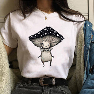 Women T-shirt Cartoon Cat Mushroom Halloween Print T-shirt Short Sleeve Harajuku Graphic Top T-shirt Street Costume