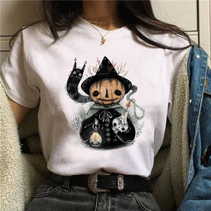 Women T-shirt Cartoon Cat Mushroom Halloween Print T-shirt Short Sleeve Harajuku Graphic Top T-shirt Street Costume