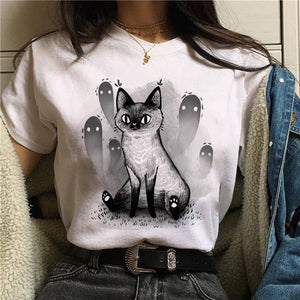 Women T-shirt Cartoon Cat Mushroom Halloween Print T-shirt Short Sleeve Harajuku Graphic Top T-shirt Street Costume