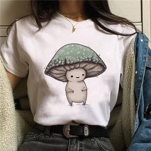 Women T-shirt Cartoon Cat Mushroom Halloween Print T-shirt Short Sleeve Harajuku Graphic Top T-shirt Street Costume