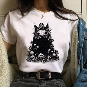 Women T-shirt Cartoon Cat Mushroom Halloween Print T-shirt Short Sleeve Harajuku Graphic Top T-shirt Street Costume