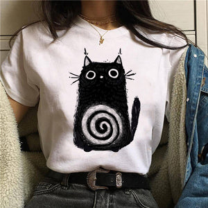 Women T-shirt Cartoon Cat Mushroom Halloween Print T-shirt Short Sleeve Harajuku Graphic Top T-shirt Street Costume