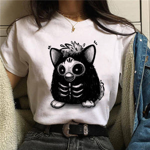 Women T-shirt Cartoon Cat Mushroom Halloween Print T-shirt Short Sleeve Harajuku Graphic Top T-shirt Street Costume