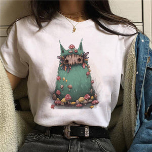 Women T-shirt Cartoon Cat Mushroom Halloween Print T-shirt Short Sleeve Harajuku Graphic Top T-shirt Street Costume