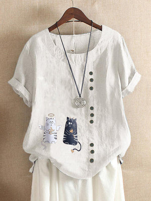 Women Special Unique Design Black Evil White Angle Cat Cartoon Print Button Oversize Loose T-Shirts Office Lady Cute Tops Cotton