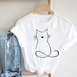 Women Printing Cat Pet Funny Animal Spring Summer 90s Ladies Style Fashion Clothes Print Tee Top Tshirt Female Graphic T-shirt