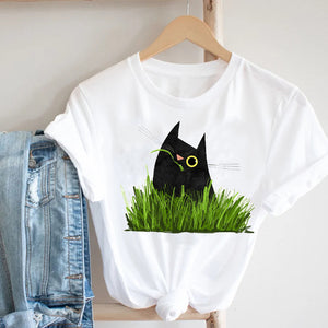 Women Printing Cat Pet Funny Animal Spring Summer 90s Ladies Style Fashion Clothes Print Tee Top Tshirt Female Graphic T-shirt