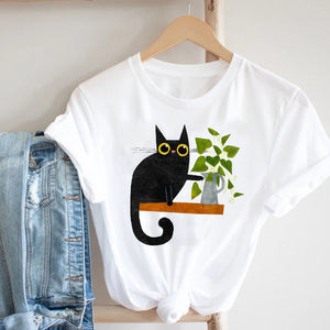 Women Printing Cat Pet Funny Animal Spring Summer 90s Ladies Style Fashion Clothes Print Tee Top Tshirt Female Graphic T-shirt