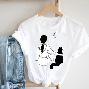 Women Printing Cat Pet Funny Animal Spring Summer 90s Ladies Style Fashion Clothes Print Tee Top Tshirt Female Graphic T-shirt