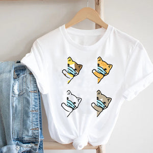 Women Printing Cat Pet Funny Animal Spring Summer 90s Ladies Style Fashion Clothes Print Tee Top Tshirt Female Graphic T-shirt