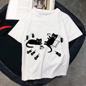 Kawaii T Shirts Women Cat 2020 New Tops Female T-shirt Loose Tshirt Summer Tee White T-shirts Round Neck Oversized T Shirt