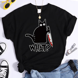 Woman T-Shirt Little Black Cat And Knife Women&#39;s T-Shirts Hip Hop Harajuku T Shirts For Woman Short Sleeve Fashion Tee Shirts