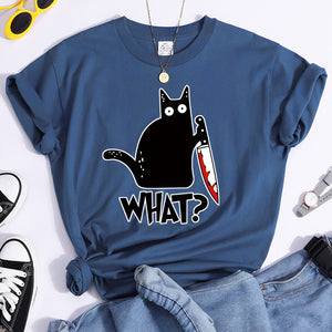 Woman T-Shirt Little Black Cat And Knife Women&#39;s T-Shirts Hip Hop Harajuku T Shirts For Woman Short Sleeve Fashion Tee Shirts