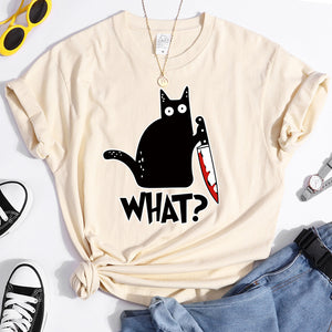 Woman T-Shirt Little Black Cat And Knife Women&#39;s T-Shirts Hip Hop Harajuku T Shirts For Woman Short Sleeve Fashion Tee Shirts