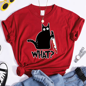 Woman T-Shirt Little Black Cat And Knife Women&#39;s T-Shirts Hip Hop Harajuku T Shirts For Woman Short Sleeve Fashion Tee Shirts